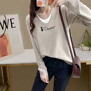 以純（YISHion）純棉假兩件長(cháng)袖t恤女歐貨感內搭2025早秋新款米灰色V領(lǐng)打底衫 230米灰 L (建議105-115斤)