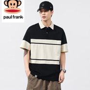 大嘴猴（paul frank）日系復古短袖POLO衫男夏季202新款時尚潮流薄款條紋撞色翻領T恤 黑色 【官方正品】 L 【建議110-130斤】