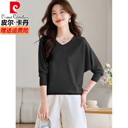 皮爾卡丹（pierre cardin）高檔七分蝙蝠袖v領(lǐng)t恤女裝新款夏季薄款冰絲針織衫獨(dú)特超好看上衣 黑色 2XL
