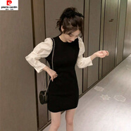 皮爾卡丹赫本風(fēng)氣質(zhì)小黑裙秋裝泡泡袖內搭修身顯瘦炸街針織拼接黑色連衣裙 黑色 S 【建議70-85斤】