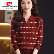 皮爾卡丹（pierre cardin）新款針織polo領(lǐng)毛衣女波點鏤空條紋針織打底衫溫柔風(fēng)百搭顯瘦上衣 安可拉紅 M 建議90-105斤