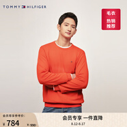 TOMMY HILFIGER【柔軟純棉】25秋冬男撞色條紋學院風針織衫/情侶款純色毛衣 【簡約合身毛衣】紅橙色792 M （推薦：135-150斤）