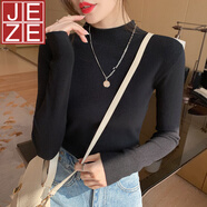 JEZE針織衫女半高領(lǐng)打底衫內(nèi)搭秋冬洋氣毛衣2024年新款感中領(lǐng)上衣 黑色 2XL 【建議120-130斤】