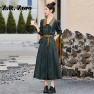 Z.R.Zoro輕奢品牌連衣裙女2025秋季新款時(shí)髦修身復(fù)古PU領(lǐng)水洗牛仔連衣裙女 牛仔藍(lán)-配腰帶 M