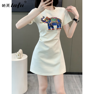 她芙（tafu）品牌女裝T恤連衣裙女2025夏季新款小個(gè)子法式印花休閑收腰a字短裙 白色 S
