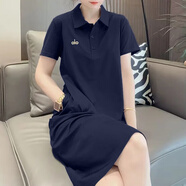 夏典素訂女王（SE.PSTP）純棉刺繡翻領(lǐng)短袖t恤裙女夏裝加肥加大碼寬松直筒顯瘦休閑連衣裙 藏青色 M 建議80-100斤