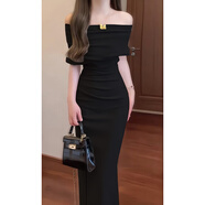 GARNUO紅色一字肩斜肩連衣裙子女夏季法式訂婚禮服敬酒服收腰包臀裙長(cháng)裙 黑色 XL 【121-140斤】