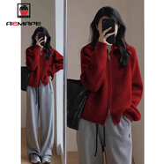 AEMAPE安可拉紅開(kāi)衫毛衣外套春秋冬季2025新款寬松針織衫女加厚上衣新年 紅色 S