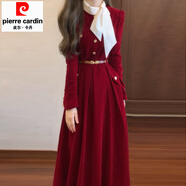 皮爾卡丹（pierre cardin）小香風(fēng)絲絨紅色長(cháng)袖連衣裙女秋冬富家千金感超好看法式長(cháng)裙子 紅色裙+絲巾【含腰帶】 M 95-104斤內建議