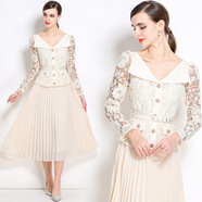 宮廷風(fēng)蕾絲鉤花優(yōu)雅氣質(zhì)長(cháng)袖大翻領(lǐng)修身名媛露鎖骨包臀中長(cháng)連衣裙 杏色 XL