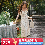 Olrain歐芮兒吊帶碎花連衣裙夏季女裝浪漫優(yōu)雅長(zhǎng)裙子度假沙灘裙 杏花色 S