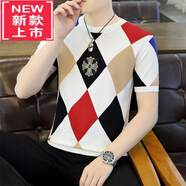 PLAYYOUNG國際品牌男裝冰絲針織短袖t恤男2025夏季新款高端圓領(lǐng)格子半袖休 白色 M 95-115斤