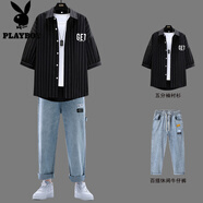 花花公子2025夏新款男運動(dòng)休閑三件套酷帥潮穿搭 HC38黑色/襯衫+牛仔褲 M 建議80-100斤