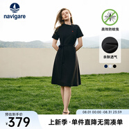 Navigare意大利小帆船短袖連衣裙女士夏季棉質(zhì)斜領(lǐng)裙子時尚顯瘦半袖a字裙 暗夜黑 S 碼