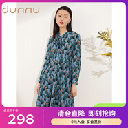 敦奴春季商場(chǎng)同款修身桑蠶絲捏褶系帶滿印真絲連衣裙 湖藍(lán) S