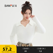 三福毛衣2024冬季V字翻領(lǐng)豹紋短款時(shí)尚上衣女裝495139 米白色 L