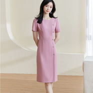 米思陽（missshine）2025夏季新款氣質(zhì)通勤混紡短袖連衣裙遮肉顯瘦中長裙子 粉色現(xiàn)貨直發(fā) S