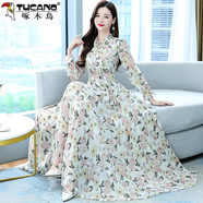 啄木鳥(niǎo)（TUCANO）碎花連衣裙2025秋季新款女裝氣質(zhì)仙女長(cháng)袖雪紡超仙長(cháng)款裙子洋氣 乳白色 2XL