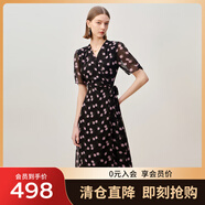 敦奴（DUNNU）dunnu敦奴夏季新款斜襟V領(lǐng)泡泡袖一片式印花連衣裙 正黑色 2XL