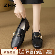 ZHR單鞋女復(fù)古方頭珍珠扣樂福鞋女粗跟增高兩穿顯瘦女鞋 K170黑色 37
