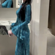 新中式氣質淑女溫柔風女秋季新款連衣裙顯瘦修身鏤空喇叭袖魚尾裙 旗袍裙 S 【建議80斤-90斤】