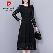 皮爾卡丹亮片鏤空蕾絲中長(cháng)款修身顯瘦大l碼女裝胖mm長(cháng)袖連衣裙2025春秋裙 黑色 L 【100-115斤】
