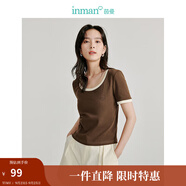 茵曼（INMAN）撞色羅紋棉女裝U領(lǐng)短袖T恤修身氣質(zhì)通勤2025夏季新款短款上衣 深咖啡 S