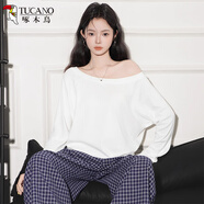 啄木鳥(niǎo)斜肩長(cháng)袖t恤女一字肩秋季新款內搭寬松高級感打底衫上衣 白色 M