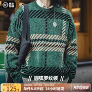 馬登工裝 美式復古雪尼爾圣誕毛衣男秋季撞色加厚保暖打底套頭針織衫 綠間條 寬松偏大 XL