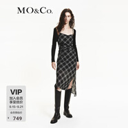 MO&Co.連衣裙含綿羊毛格紋捏褶收腰斜裁裙擺側(cè)開叉吊帶裙摩安珂 黑白格色 M 165