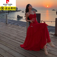 皮爾卡丹（pierre cardin）夏日絕美小裙子復古紅色度假風(fēng)吊帶長(cháng)裙晚禮服收腰荷葉邊連衣裙女 酒紅色  S