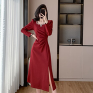 酒紅色晚禮服結婚韓版時(shí)尚氣質(zhì)減齡方領(lǐng)水鉆褶皺連衣裙女款春秋季 紅色 M