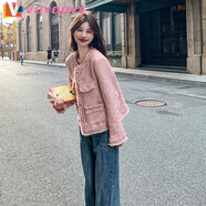 VOYDOVE粉色今年粗花呢外套女小個(gè)子2025春秋新款法式氣質(zhì)小香風(fēng)上衣 粉紅色【z】 L 120-135斤