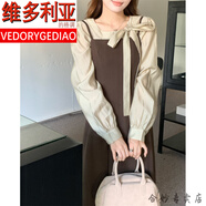 維多利亞的格調(diào)品牌設(shè)計感蝴蝶結(jié)綁帶長袖襯衫女裝秋季疊穿吊帶連衣裙兩件套小眾 襯衫 均碼