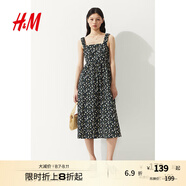 H&M女裝無領(lǐng)連衣裙25夏方領(lǐng)法式喇叭印花吊帶設(shè)計感碎花裙1287798 黑色/花卉 XL 175/116