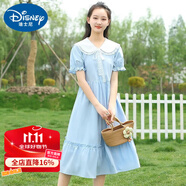 迪士尼（Disney）少女學(xué)生連衣裙女童娃娃領(lǐng)復(fù)古氣質(zhì)連衣裙女裝夏裝收腰顯瘦中長(zhǎng)裙 藍(lán)色. 學(xué)院連衣裙7185 170