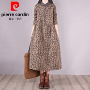 皮爾卡丹復古夾棉小碎花棉麻連衣裙大碼女裝時(shí)尚保暖長(cháng)款polo襯衫a字裙子 灰色 M 【90-110斤】