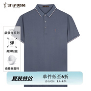 才子（TRIES）商務休閑POLO衫夏季短袖撞色條紋翻領T恤桑蠶絲柔順透氣時尚上衣 灰藍色 4XL 56(190/104A)