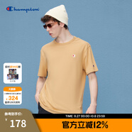 Champion冠軍短袖夏季新款男女全棉舒適簡約小C LOGO圓領(lǐng)情侶套頭T恤 卡其色 M