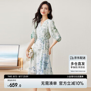 尚都比拉[100%桑蠶絲]夏季短袖真絲連衣裙女V領(lǐng)高級感氣質(zhì)印花裙 花色 S