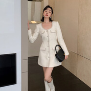 歐美冬裝新品女裝米色小香風(fēng)長(zhǎng)袖大圓領(lǐng)粗毛呢加厚洋裝打底短裙 米白色 L 均碼