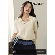 闊色（kuose）杏色刺繡碎花polo領(lǐng)針織衫女2025夏季新款寬松翻領(lǐng)短袖T恤 杏色 L