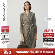 朗姿設(shè)計(jì)感ol風(fēng)氣質(zhì)顯瘦西裝裙冬季新款法式長(zhǎng)袖高級(jí)感連衣裙 卡其綠色 2XL