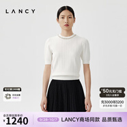 朗姿/LANCY秋秋季新款泡泡袖修身針織衫釘鉆領(lǐng)高級感內搭短袖女 本白色 XXL