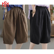 妙妙禧含棉五分褲女百搭闊腿褲200斤減齡洋氣棉麻褲子民族風(fēng)松緊腰中褲 棕色+黑色【兩件裝】 2XL 建議140-160斤