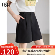 歐莎（OSA）短褲女夏季25年新款高腰直筒闊腿褲休閑五分褲薄款休閑短褲 黑色A XS