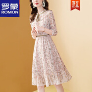 羅蒙 2022新款雪紡連衣裙女春季法式印花小個(gè)子氣質(zhì)收腰顯瘦中長(cháng)碎花 粉色 七分袖面料 M