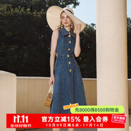 AIVEI欣賀艾薇 南法夏夢(mèng) 夏季新復(fù)古露腰無(wú)袖牛仔連衣裙R0360099 牛仔藍(lán) S