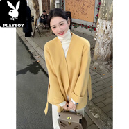 花花公子（PLAYBOY）現貨韓版氣質(zhì)綁帶收腰開(kāi)衫毛呢外套大衣女新款秋冬季高端寬松上衣 黃色外套 S
