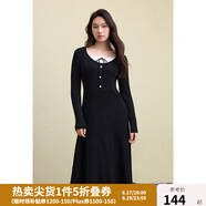 獨束大碼女裝假兩件針織連衣裙2024冬裝新款赫本風(fēng)氣質(zhì)中長(cháng)款裙子 靜謐黑 M (尺碼：1) (尺碼：1)
